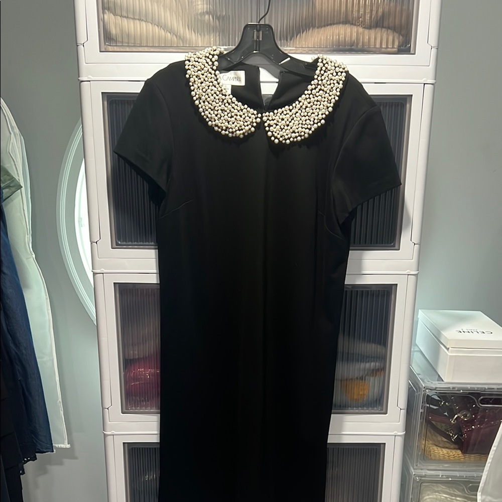 Sara Campbell Black Mini Dress with Pearl-Embellished Collar